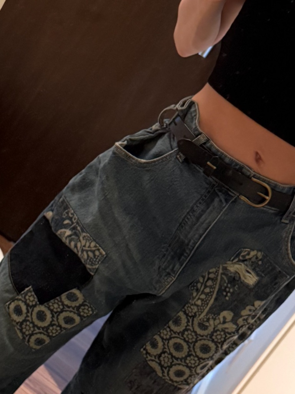 Anthropologie Dark Blue Patchwork Floral-Print jeans